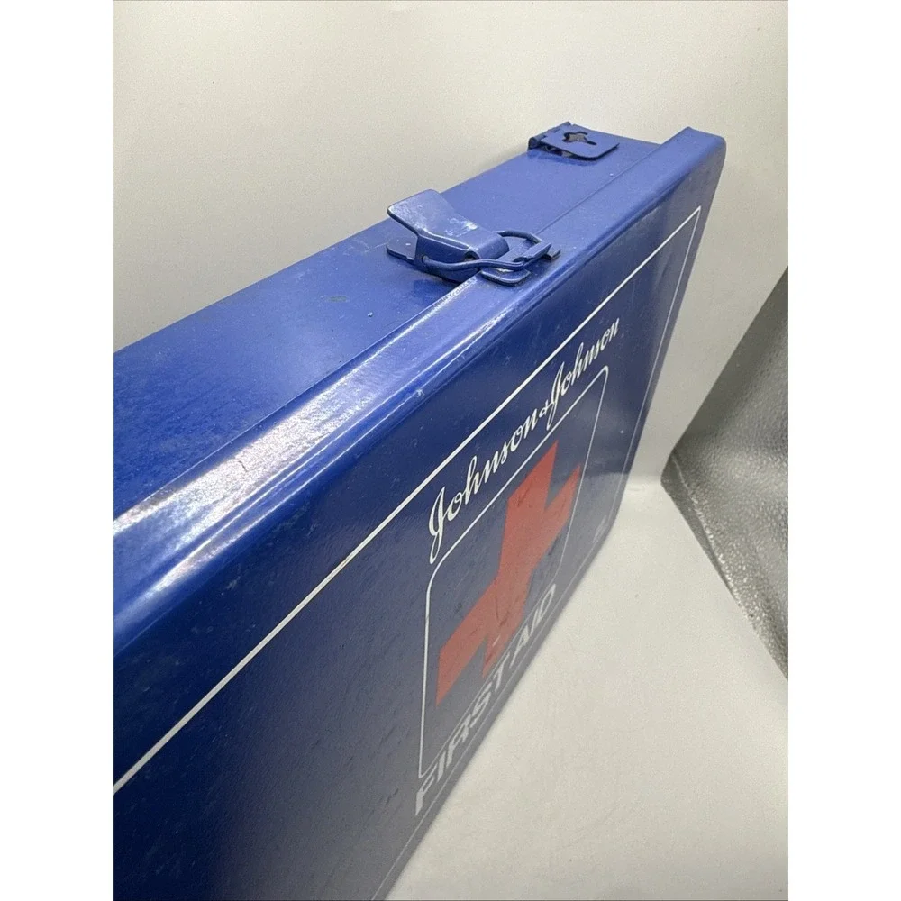 VTG Metal Johnson & Johnson First Aid Kit W/ Contents 8173 Cobalt Blue 13.5x9